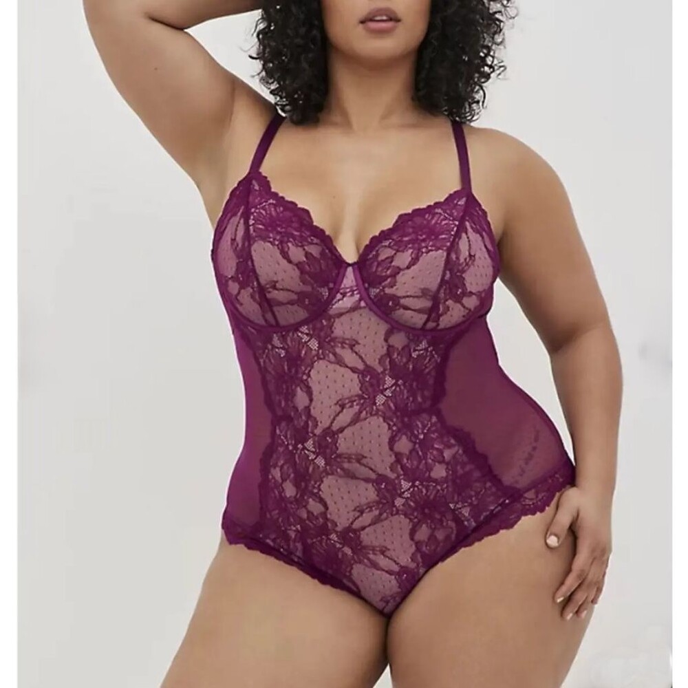 Torrid Underwire Dot Lace Bodysuit Women 3X Plum Purple Nude Lining Lingerie NEW